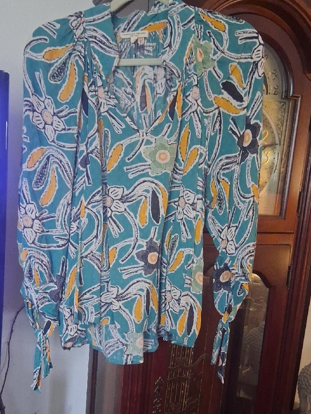Christian Siriano Teal Floral  V-Neck Boho Style with Yellow And Green Accents - Picture 5 of 6